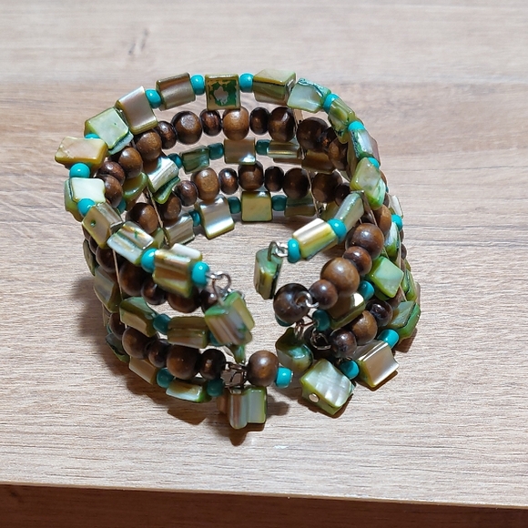 Jewelry - Green Brown MOP Shell and Wood Beaded Wires Wide Cuff Bracelet